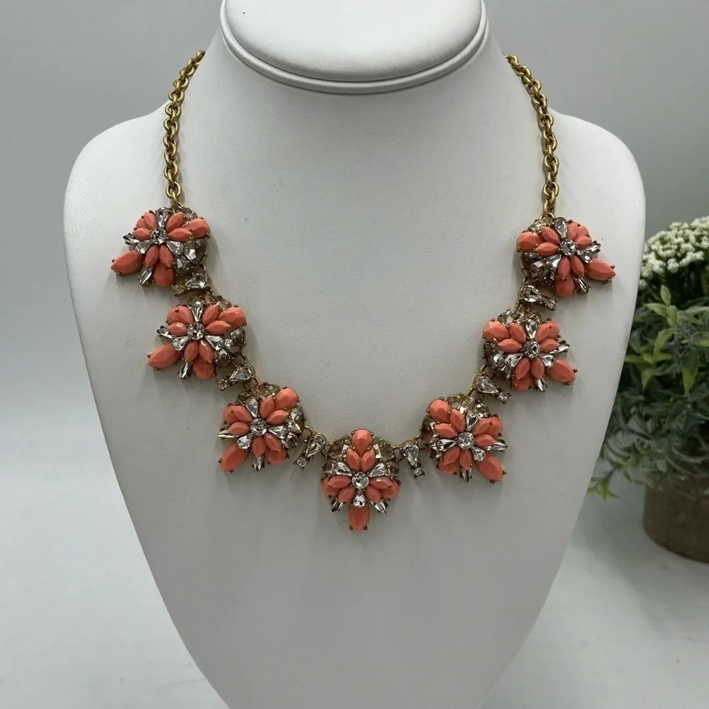 J Crew Opaque Pink and Clear Crystal Gold‎ Tone Floral Statement Necklace